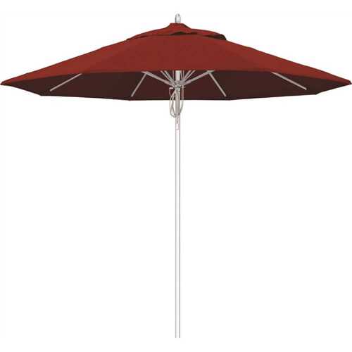 9 ft. Silver Aluminum Commercial Fiberglass Ribs Market Patio Umbrella and Pulley Lift in Red Sunbrella