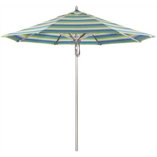 California Umbrella 194061507469 9 ft. Silver Aluminum Commercial Market Patio Umbrella with Pulley Lift in Seville Seaside Sunbrella