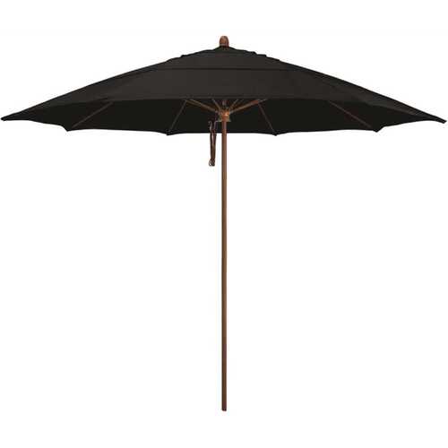 11 ft. Woodgrain Aluminum Commercial Market Patio Umbrella Fiberglass Ribs and Pulley Lift in Black Sunbrella