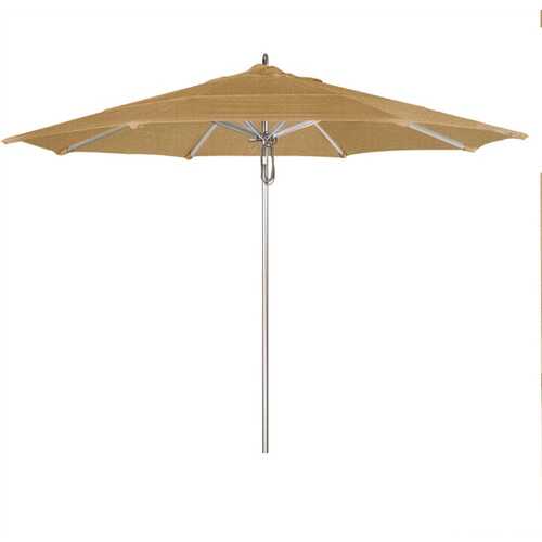 11 ft. Silver Aluminum Commercial Market Patio Umbrella with Pulley Lift in Linen Sesame Sunbrella