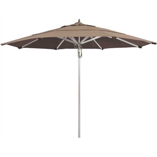 California Umbrella 194061507117 11 ft. Silver Aluminum Commercial Market Patio Umbrella with Pulley Lift in Taupe Sunbrella
