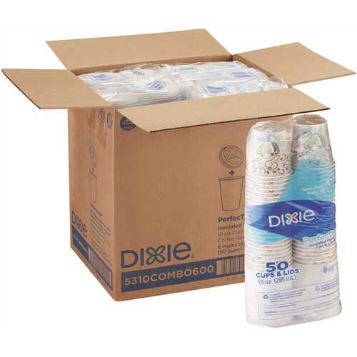 DIXIE PERFECTOUCH 5310COMBO600 10 oz. White Insulated Disposable Hot Cup and Lid Set Cups and Large Lids, Coffee Haze