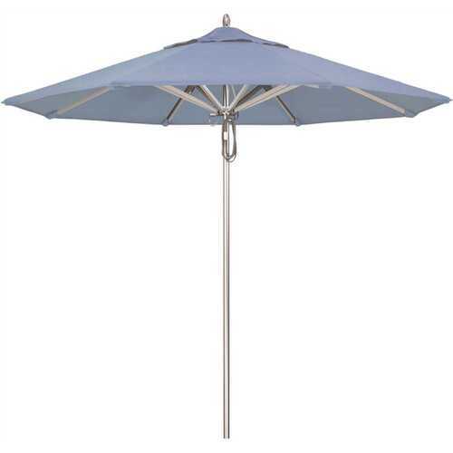 California Umbrella 194061507285 9 ft. Silver Aluminum Commercial Market Patio Umbrella with Pulley Lift in Air Blue Sunbrella