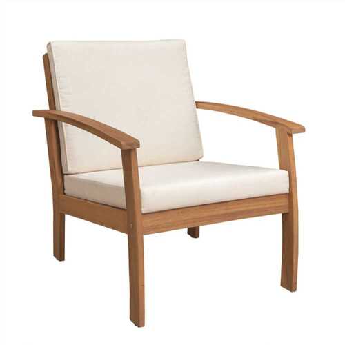 Lio Natural Stain Solid Wood Outdoor Lounge Chair with Beige Cushions