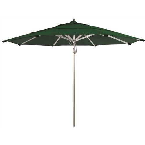 11 ft. Silver Aluminum Commercial Market Patio Umbrella with Pulley Lift in Forest Green Sunbrella