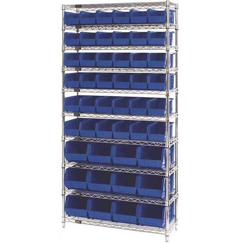 QUANTUM STORAGE SYSTEMS WR10-230240BL Giant Open Hopper 36 in. x 14 in. x 74 in. Wire Chrome Heavy-Duty 10-Tier Industrial Shelving Unit