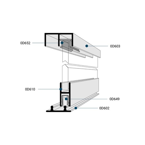 Low Profile Track Assembly 0D603 Upper with Guides 0D602 Lower with Steel Ball Bearing Wheels- Brite Anodized 144" Length