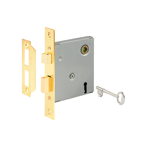 FHC E2294 Vintage Style Indoor Mortise Lock Assembly Kit - Cast Steel Construction - Brass Plated Finish - Reversible Latch Bolt (Single Pack)