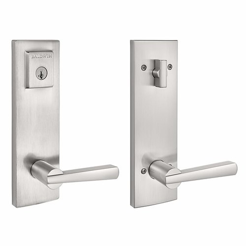 Complete Entrance Set with Single Cylinder Deadbolt with Lever by Lever Spyglass Square Design with RCAL Latch, RCS Strike, and Smart Key Satin Nickel Finish