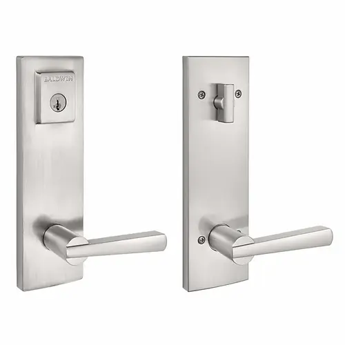 Baldwin Prestige 183SPEXSPLSQR15S Complete Entrance Set with Single Cylinder Deadbolt with Lever by Lever Spyglass Square Design with RCAL Latch, RCS Strike, and Smart Key Satin Nickel Finish