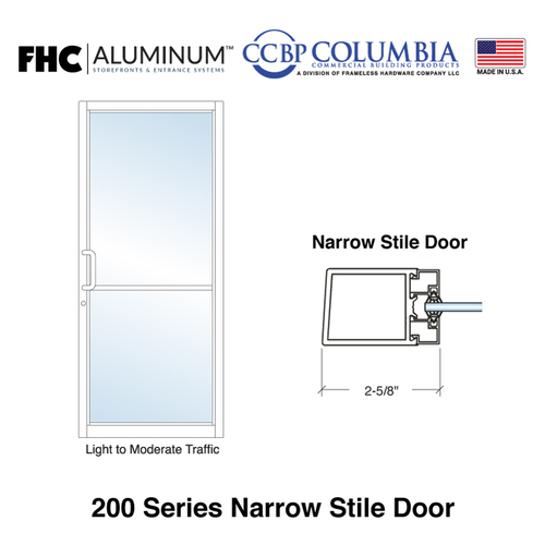 FHC 200 Series Narrow Stile Pair of Aluminum Doors with 3-3/4" Top Rails and 10" Bottom Rails - 1/4" Glass Stops - Continuous Hinge - Powder Coat - Standard Size and Prep