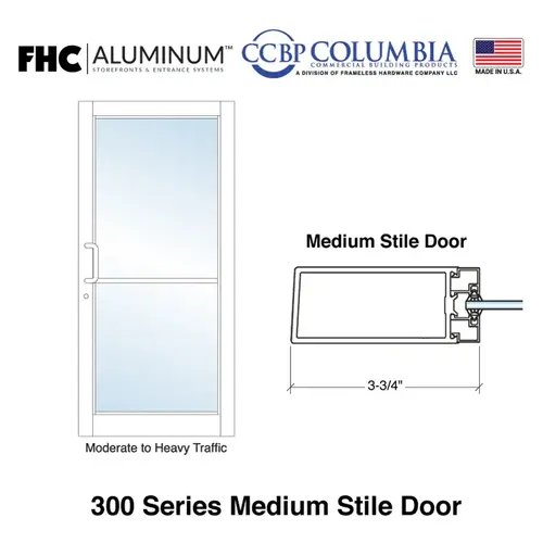 300 Series Medium Stile Single Aluminum Door with 6" Top Rail and 10" Bottom Rail - 1/4" Glass Stops - No Hinge Prep - Powder Coat - Custom Size or Prep