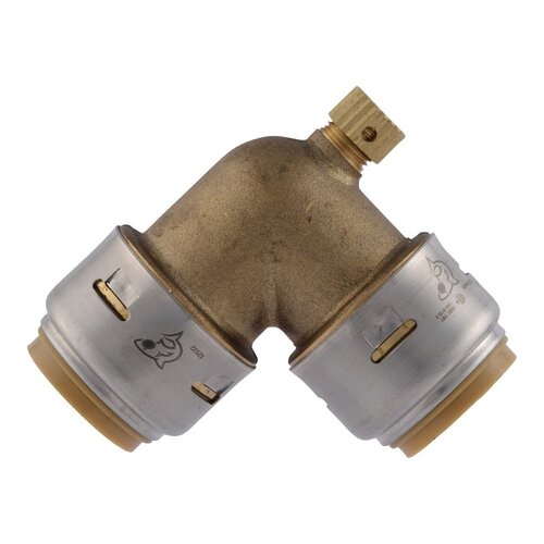 Pipe Elbow with Drain/Vent, 3/4 in Push-to-Connect, 90 deg Angle, DZR Brass, 200 psi Pressure