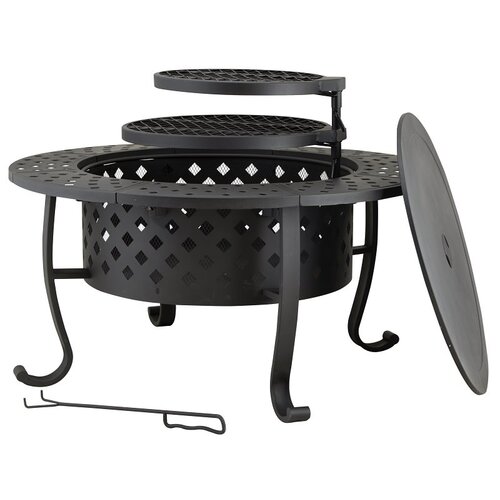 Fire Pit with Cooking Grate, 36 in OAW, 36 in OAD, 27-7/8 in OAH, Round, Wood Ignition