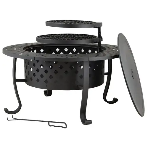 Fire Pit with Cooking Grate, 36 in OAW, 36 in OAD, 27-7/8 in OAH, Round, Wood Ignition Black