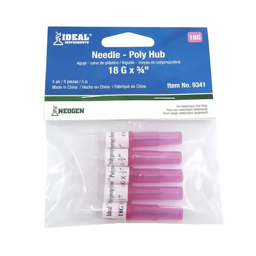 Livestock Injection Needles, Disposable, 3/4-In. Poly Hub, 18-Ga - pack of 5 Pink