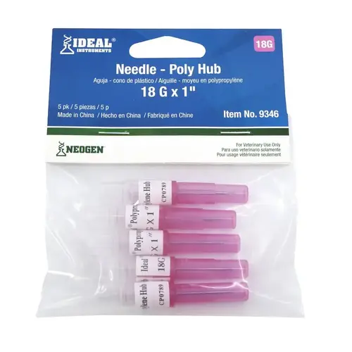 Livestock Injection Needles, Disposable, 1-In. Poly Hub, 18-Ga - pack of 5 Pink