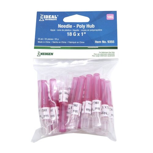 Livestock Injection Needles, Disposable, 1-In. Poly Hub, 18-Ga - pack of 25 Pink