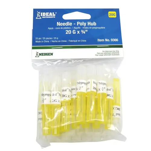 Livestock Injection Needles, Disposable, 3/4-In. Poly Hub, 20-Ga - pack of 25 Yellow