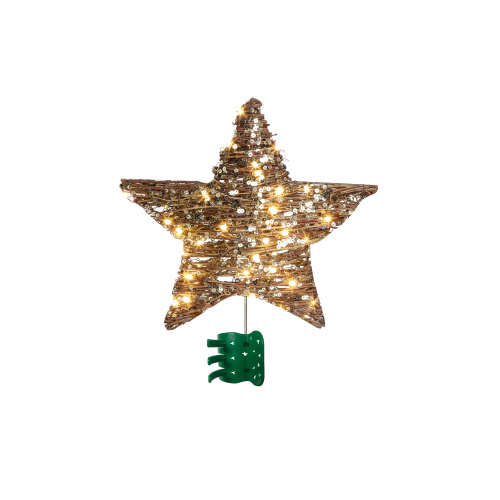 13 In. Metal Frame Star Wrapped With Natural Rattan and Sequin Tree Top