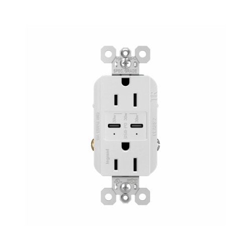 Tamper-Resistant 15A Duplex Outlet with Ultra-Fast Type C/C USB, White