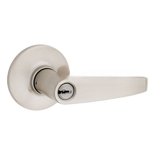 Winston Lever Round Rose Push Button Entry Lock with RCAL Latch and RCS Strike Satin Nickel Finish