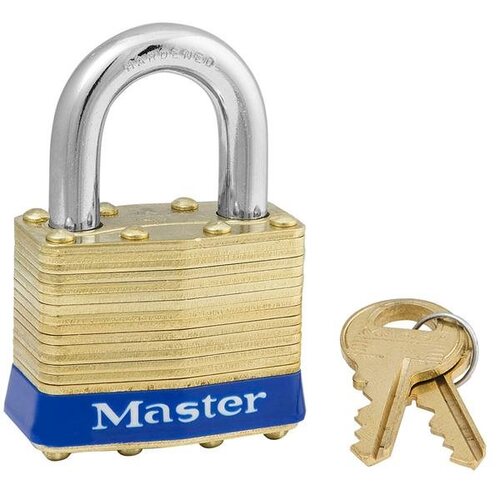 1-3/4" Wide Laminated Brass Body, 15/16" Tall 5/16" Diameter Hardened Steel Shackle, 4-Pin W1 Cylinder Keyed Alike 1-3/4in (44mm) Wide Laminated Brass Pin Tumbler Padlock