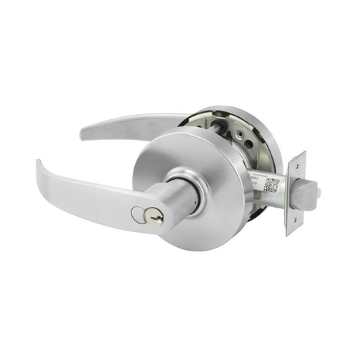 Entrance or Office (F82A) Cylindrical Lever Lock Grade 1 with P Lever and L Rose with Large Format Core with LA Keyway 1 Bitted and ASA Strike Satin Chrome Finish