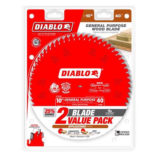 Diablo D104040VP Circular Saw Blade Set 10" D X 5/8" TiCo Hi-Density Carbide 40 teeth Red