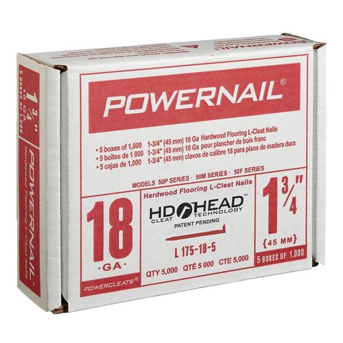 Powernail L175185 PowerCleats Floor Cleat, 1-3/4 in L, 18 ga, Carbon Steel, L-Shaped Head - pack of 1000