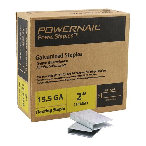 PowerStaples Flooring Staple, 1/2 in W Crown, 2 in L Leg, 15.5 ga, Carbon Steel, Galvanized/Zinc, 5000/PK - pack of 5000