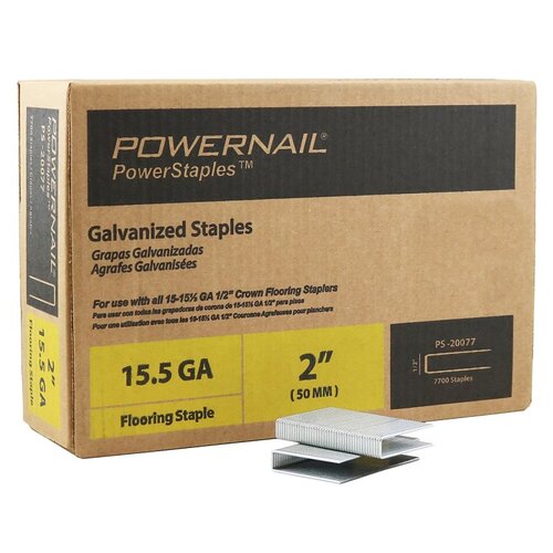 PowerStaples Flooring Staple, 1/2 in W Crown, 2 in L Leg, 15.5 ga, Carbon Steel, Galvanized/Zinc, 7700/PK - pack of 7700