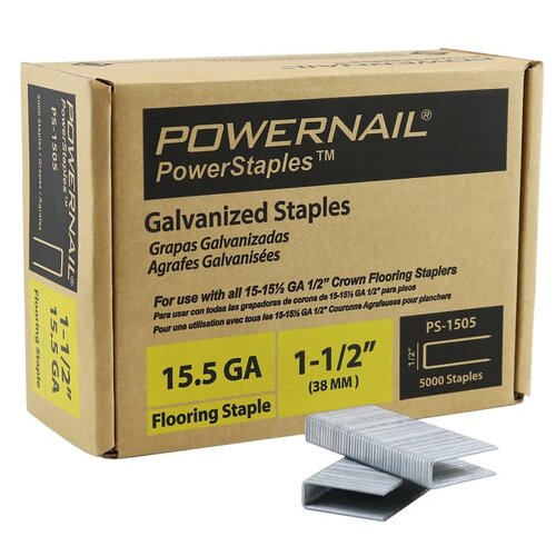 Powernail PS1505 PowerStaples Flooring Staple, 1/2 in W Crown, 1-1/2 in L Leg, 15.5 ga, Carbon Steel, Galvanized/Zinc - pack of 5000