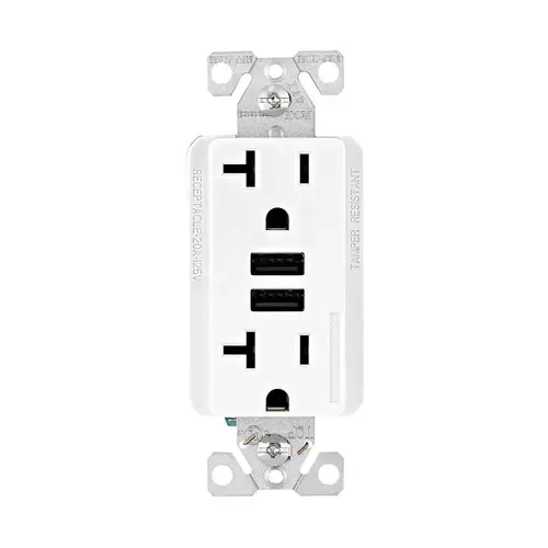 Duplex Receptacle with USB Ports, 2 -Pole, 20 A, 125 V, NEMA: 5-20R, White