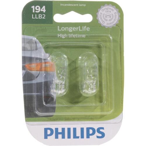 Philips 194LLB2 Miniature Automotive Bulb LongerLife Incandescent Courtesy/Glove/License/Trunk 194LLB2