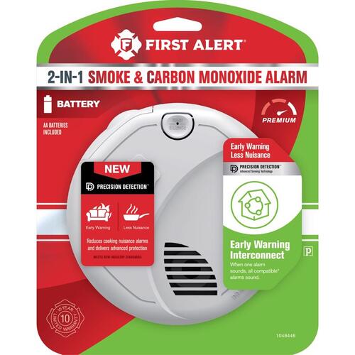 Smoke and Carbon Monoxide Detector Wireless Interconnect Battery-Powered Photoelectric