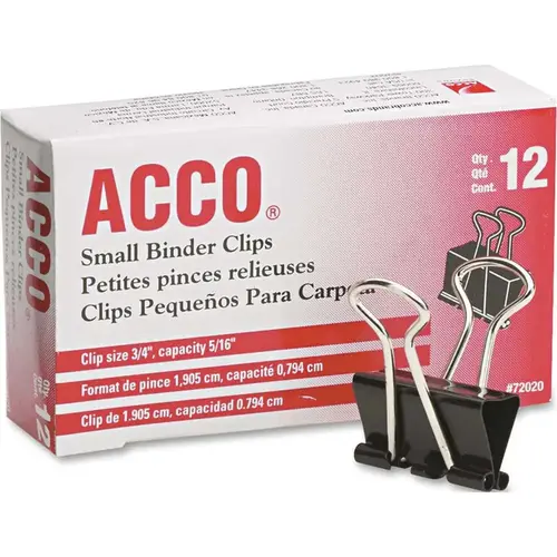 Acco 10123262 SMALL BINDER CLIPS, STEEL WIRE, 5/16 IN. CAP., 3/4 IN.W, BLACK/SILVER, DOZEN