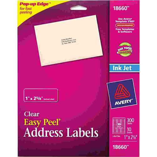 AVERY EASY PEEL INKJET MAILING LABELS, 1 X 2-5/8, CLEAR