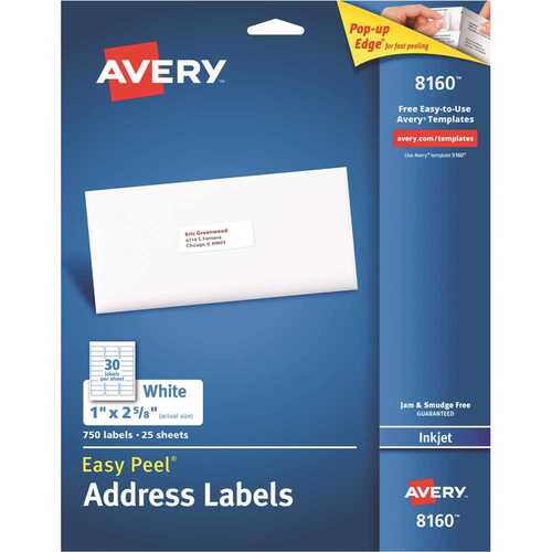 Avery AVE8160 1 in. x 2-5/8 in. White Easy Peel Inkjet Address Labels