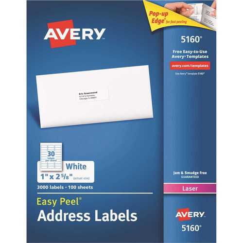 Avery AVE5160 1 in. x 2-5/8 in. White Easy Peel Laser Address Labels