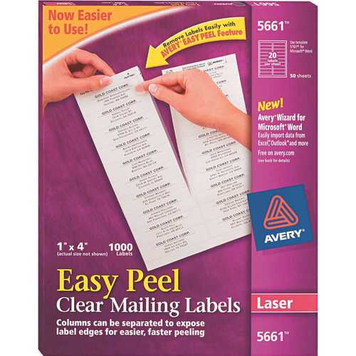 Avery Dennison 10121852 AVERY EASY PEEL LASER MAILING LABELS, 1 X 4, CLEAR