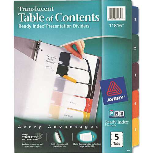 AVERY READY INDEX TABLE/CONTENTS DIVIDERS, 5-TAB, LETTER, ASSORTED
