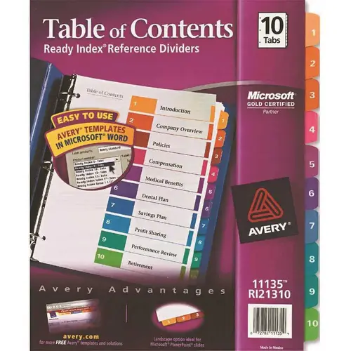 Avery AVE11135 Ready Index Contemporary Table of Contents Divider 1-10 Letter Multicolor