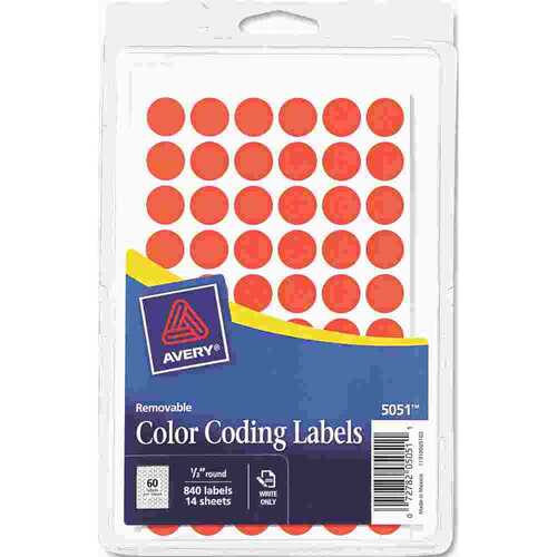 Avery Dennison 10127264 AVERY REMOVABLE SELF-ADHESIVE COLOR-CODING LABELS, 1/2IN DIA, NEON RED