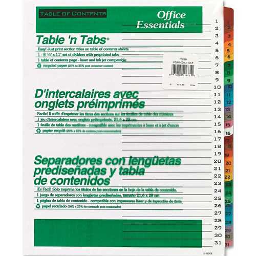 AVERY OFFICE ESSENTIALS TABLE 'N TABS DIVIDERS, 31 MULTICOLOR TABS, 1-31, LETTER, SET