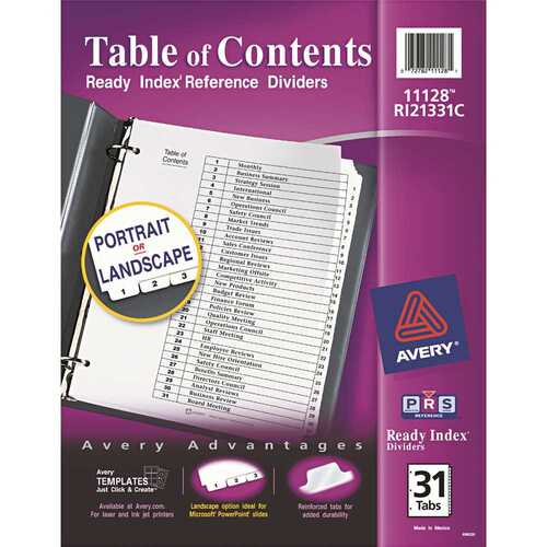AVERY READY INDEX CLASSIC TAB TITLES, 31-TAB, 1-31, LETTER, BLACK/WHITE