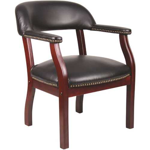 Traditional Mahogany Wood Finish Captain's Chair - Black Vinyl Cushions with Brass Nail Heads Color/Finish Family