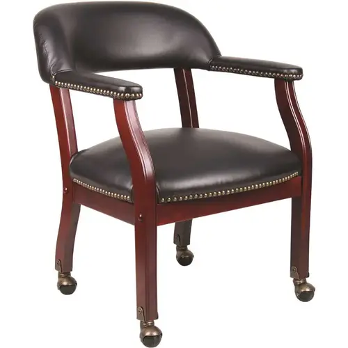 Black Caresoft Vinyl Traditional Rolling Captains Chair, Mahogany Wood Finish, Brass Hooded Casters