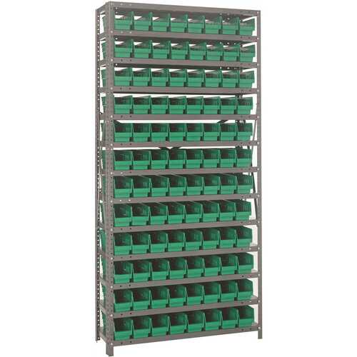 QUANTUM STORAGE SYSTEMS 1275-101GN Economy 4 in. Shelf Bin 12 in. x 36 in. x 75 in. 13-Tier Shelving System Complete with QSB101 Green Bins