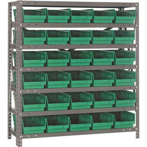 QUANTUM STORAGE SYSTEMS 1239-102GN Economy 4 in. Shelf Bin 12 in. x 36 in. x 39 in. 7-Tier Shelving System Complete with QSB102 Green Bins